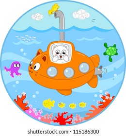 Cute cat in a submarine looking with surprise at the sea life under water.