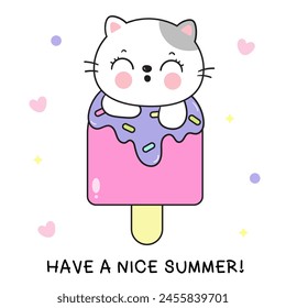 Cute cat summer with lollipop ice cream. Series: Kawaii animals kitten isolated on white background (Character cartoon) Holiday activities. Perfect make a wish for baby t shirt fairy tale book.