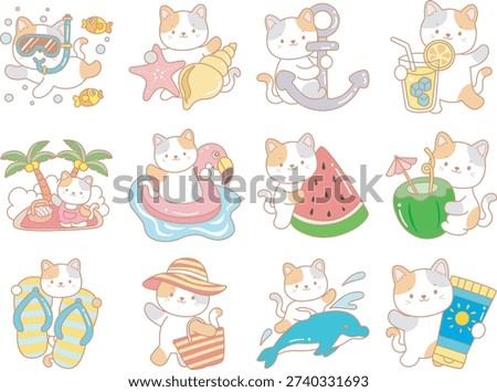 Cute cat summer vacation illustration set.