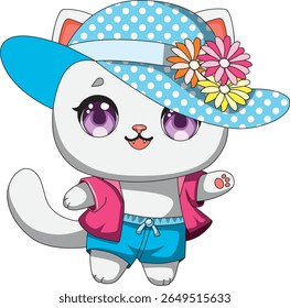 Cute Cat In Summer Wear White Kitten Mascot Vector