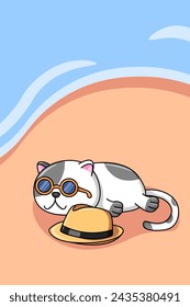 Cute Cat Sunbathing on the Beach Cartoon Illustration