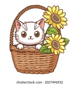 Cute cat and sunflower cartoon vector illustration, Little cute white kitten were in a basket adorned with two sunflowers. A little white cat perched on the edge of the basket smiling cheerfully.