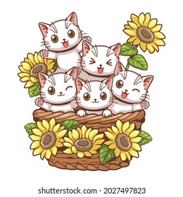 Cute cat and sunflower cartoon vector illustration, Several white kitten were in a basket adorned with sunflowers.