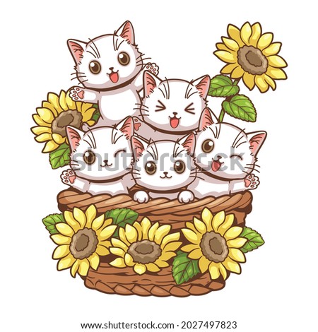 Cute cat and sunflower cartoon vector illustration, Several white kitten were in a basket adorned with sunflowers.