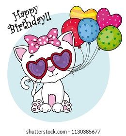 cute cat with sunglasses and balloons for birthday party