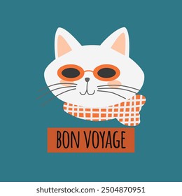 Cute cat in sunglasses with Bon Voyage word, have a nice trip in French. Characters, stickers, t-shirt designs.