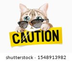 cute cat in sunglasses with caution sign illustration