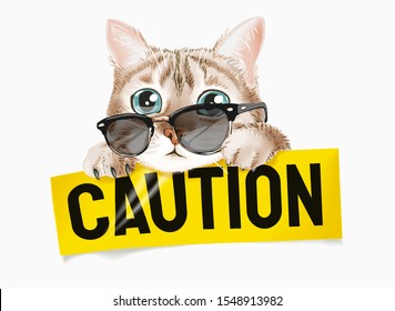 cute cat in sunglasses with caution sign illustration