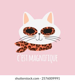 Cute cat in sunglasses with c'est magnifique  word, that is beautiful in French. Characters, stickers, t-shirt designs.