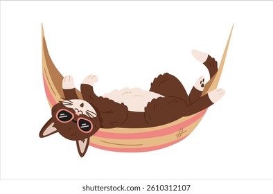 Cute cat in sunglasses laying on back in hammock vector illustration isolated on white.