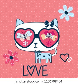 cute cat with sunglasses, love card, T-shirt graphics design for girls