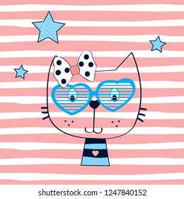 cute cat with sunglasses on striped background vector illustration, T-shirt graphics design