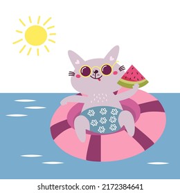 Cute cat in sunglasses on swim ring with watermelon in his paw. Happy funny kitten on pool float, summer vacation, sea sunny landscape. Cartoon pet, hand drawn vector illustration, flat design  