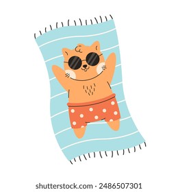 Lindo gato en gafas de sol tomando el sol en una playa. Tiempo de verano, vacaciones de verano, vacaciones. Ilustración vectorial en estilo plano