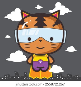 Cute cat with super hero costume with cape and futuristic glasses fly on the city