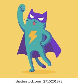 Gato lindo Superhéroe Acción Posar Ilustración vectorial de color plano Diseño de Plantilla