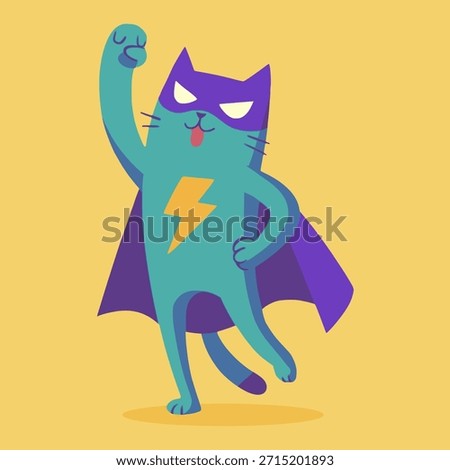 cute cat superhero action pose flat color vector illustration template design