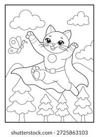 Süße Katze Superheld fliegt über einen Wald. Fun Kids Malvorlage. Ideal für Kindermalbücher, Vorschulaktivitäten, druckbare Arbeitsblätter