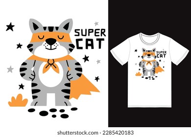 Cute cat superhero illustration with tshirt design premium vector the Concept of Isolated Technology. Flat Cartoon Style Suitable for Landing Web Pages,T shirt, Flyers, Stickers