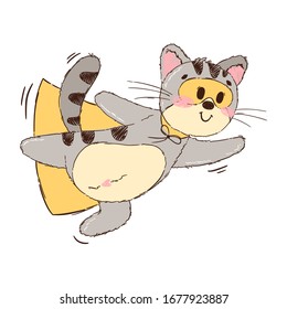 Cute cat superhero isolated on white background. Animal character hero with mask and cloak. Cartoon vector illustration in hand drawn style. Design for children's books, print, poster, fabric.