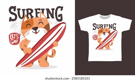 Cute cat with surfboard hand drawn, vector ready for print on t shirt and other uses.