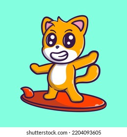 Cute cat surfing cartoon vector icon illustration