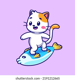 Cute Cat Surfing With Fish Cartoon Vector Icon Illustration. Animal Food Icon Concept Isolated Premium Vector. Flat Cartoon Style