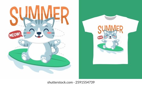 Cute cat surfing hand drawn, ready for print on t shirt and other uses.