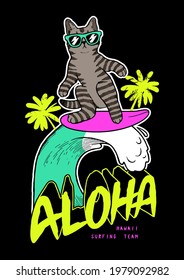 Cute cat surfing hawaii t-shirt print. Bright colors 90s style kitten summer sports surfing tropical character.