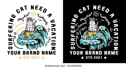 cute cat surfing illustration for t-shirt