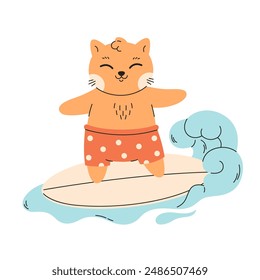 Cute cat is surfing on a board. Cat surfer. Summer time, summer holidays, vacation. Vector illustration in flat style