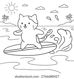 Cute cat surfing on a surfboard in the ocean coloring page for kids