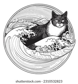 A cute cat surfing on a wave made of rainbows , Black and white coloring pages for kids, simple lines, vector style