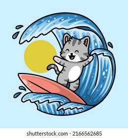 Cute cat surfing in sea cartoon premium vector The Concept of Isolated Technology. Flat Cartoon Style Suitable for Landing Web Pages, Banners, Flyers, Stickers, Cards