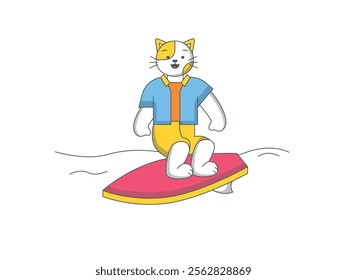 Cute cat surfing in the sea with fun. Fantasy animal imagination. Character design. Vector flat illustration