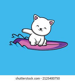 Cute Cat Surfing With Surfboard Cartoon Vector Icon Illustration. Animal Sport Icon Concept Isolated Premium Vector. Flat Cartoon Style