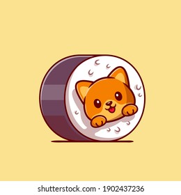 Cute Cat Sushi Cartoon Vector Icon Illustration. Animal Food Icon Concept Isolated Premium Vector. Flat Cartoon Style