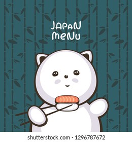 Cute cat with sushi on bamboo background. Funny cartoon character. Template for sushi bar logo. Japanese menu.