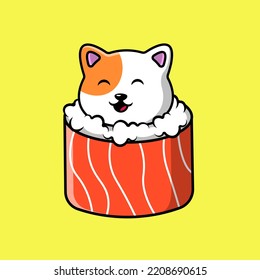 Cute Cat In Sushi Salmon Roll Cartoon Vector Icons Illustration. Flat Cartoon Concept. Suitable for any creative project.
