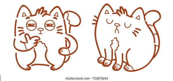 Cute Cat: suspicious, doubt, distrust, thinking and proud, arrogant, haughty, offended emotions. Character in outline hand drawn style, doodle cartoon illustration. As mascot, sticker, emoji, emoticon