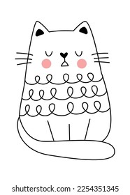 Cute cat in sweater contemporary line art element. Vector illustration