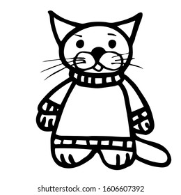 Cute cat in a sweater drawn in doodle style. The item is drawn by hand. Print for coloring, t-shirt, cup, baby clothes. Black cute cartoon. Vector illustration on a white isolated background.