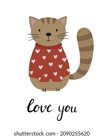 Cute cat in a sweater with hearts. A hand-drawn cat. Valentine's Day greeting card. Vector illustration in a flat style