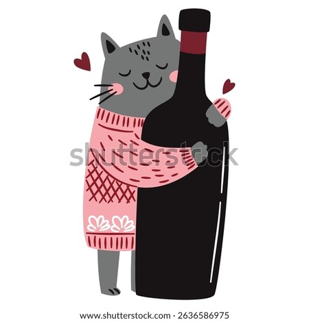 Cute cat in sweater hugging a wine bottle. Flat vector illustration in simple children's Scandinavian style 