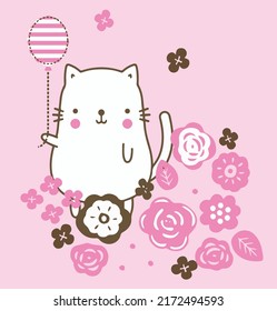 Cute Cat Sweet Flower Design Vector 