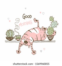 Cute cat sweet funny sleeping on a shelf with cacti. Good morning. Vector.