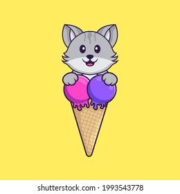Cute cat with sweet ice cream. Animal cartoon concept isolated. Can used for t-shirt, greeting card, invitation card or mascot.