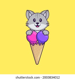 Cute cat with sweet ice cream. Animal cartoon concept isolated. Can used for t-shirt, greeting card, invitation card or mascot.