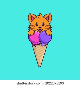 Cute cat with sweet ice cream. Animal cartoon concept isolated. Can used for t-shirt, greeting card, invitation card or mascot.