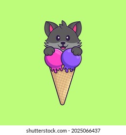Cute cat with sweet ice cream. Animal cartoon concept isolated. Can used for t-shirt, greeting card, invitation card or mascot.